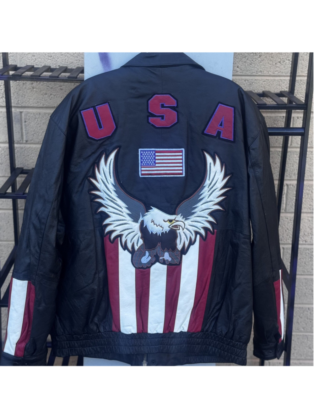 American Rider Jacket Mens XL Black Leather Motorcycle Embossed Vintage USA